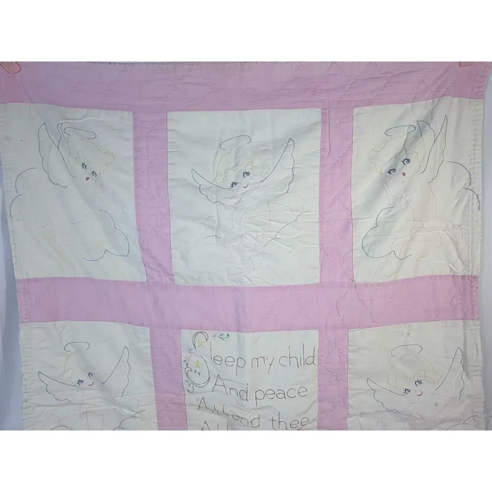VTG Child Baby Crib Quilt Handmade Angel Pink Girl Sleep My Child Cottage Cherub